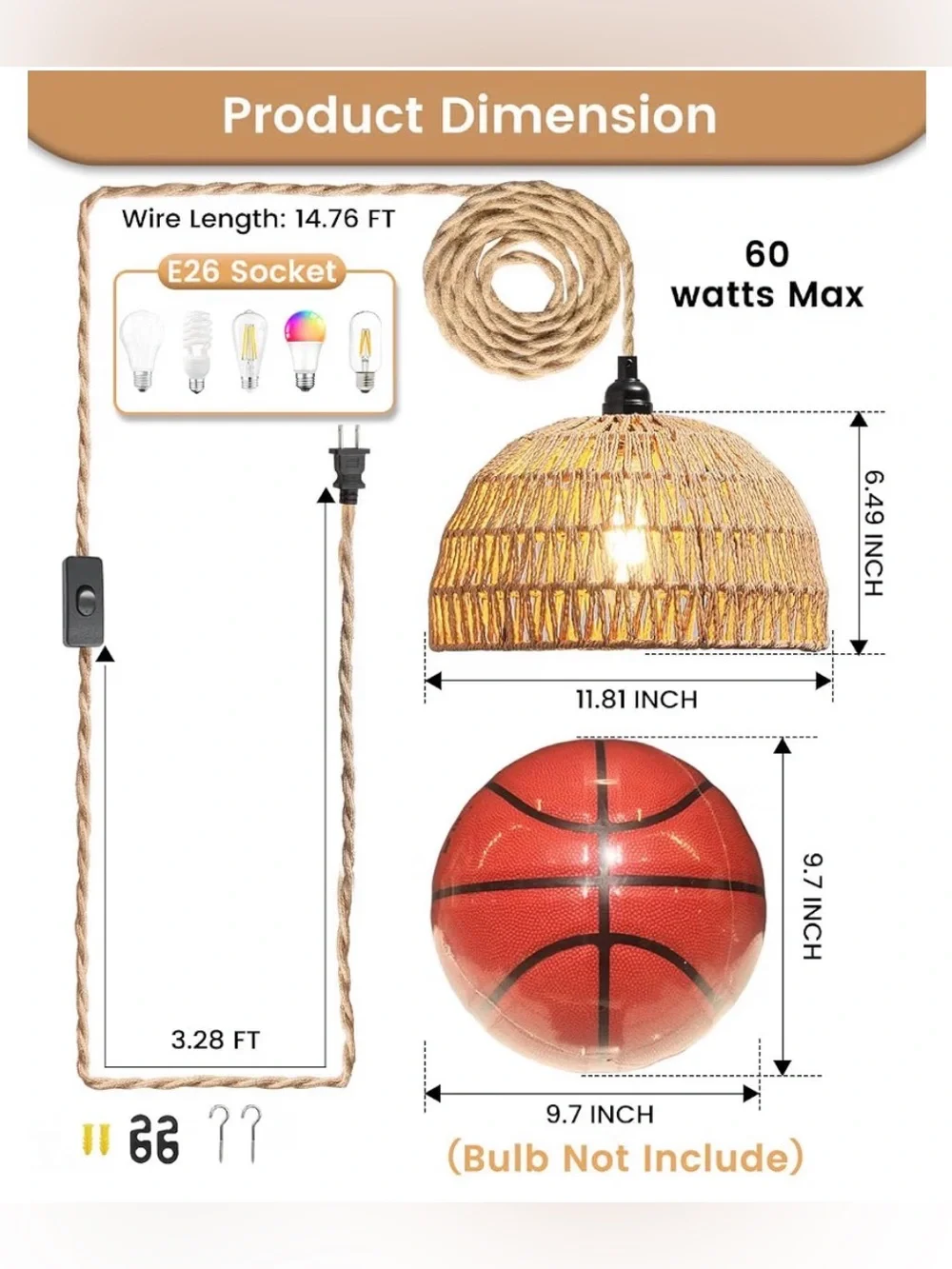 Rattan Hanging Lamp,Boho Pendant Lights,Plug In Cord